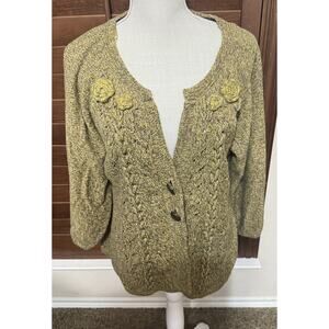 Vtg Y2K DKNY Cardigan Sweater Sz XL Gold Ochre Button Front Cable Chunky Knit